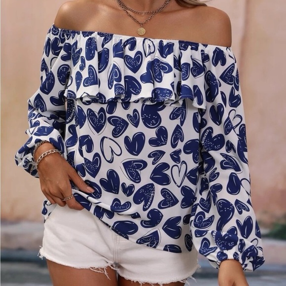 New blue heart off shoulder long sleeve top - Picture 2 of 6
